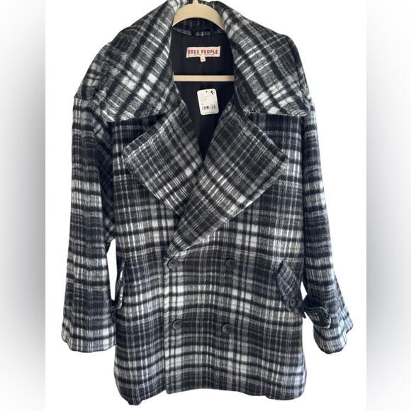 Free People Highlands Wool Peacoat black white plaid size women’s XL NWT winter - Picture 1 of 10